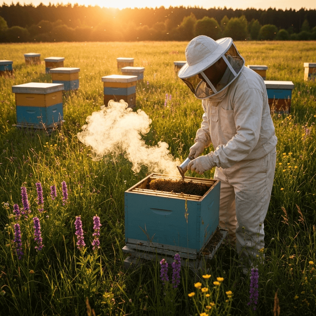 Imker bei der Arbeit mit Bienenstöcken